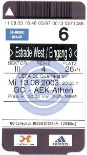 билет Grasshopper FC,Switzerland/Швейц.-AEK Athens,Greece/Грец.2003 match ticket