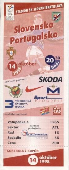 билет сб. Словакия-Португалия 1998c отб.ЧЕ-2000 / Slovakia-Portugal match ticket