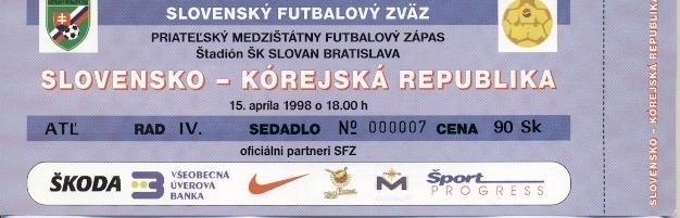 билет сб.Словакия-Южн.Корея 1998 МТМ /Slovakia-South Korea friendly match ticket