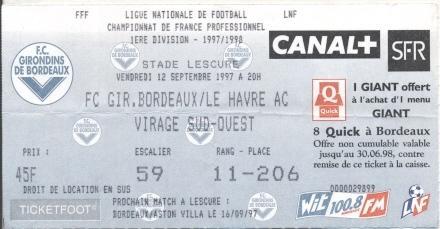 билет Франц. Championnat France FC Bordeaux-Le Havre AC 1997 billet match ticket
