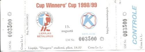 билет Лиепая/Liepajas Metal. Latvia/Латв-Keflavik Iceland/Исл.1998b match ticket