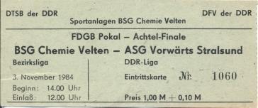билет ГДР DDR-Meisterschaft Ch.Velten-Stralsund 1984 Eintrittskarte match ticket
