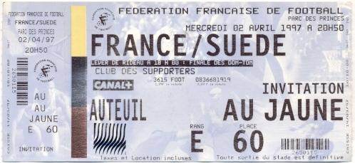 билет сб. Франция-Швеция 1997 МТМ / France-Sweden friendly football match ticket