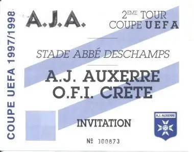 билет Осер/AJ Auxerre France/Франц.-ОФИ/OFI Crete Greece/Грец.1997с match ticket