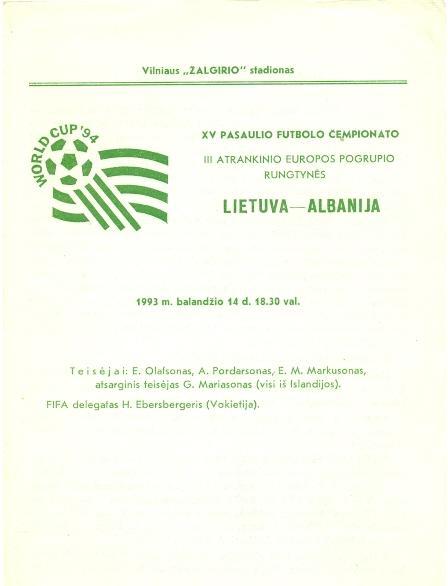 прог.сб. Литва-Албания 1993b отбор ЧМ-1994 / Lithuania-Albania match programme