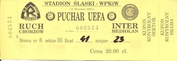 билет Ruch Chorzow Poland/Польша-FC Internazionale Italy/Итал.2000a match ticket