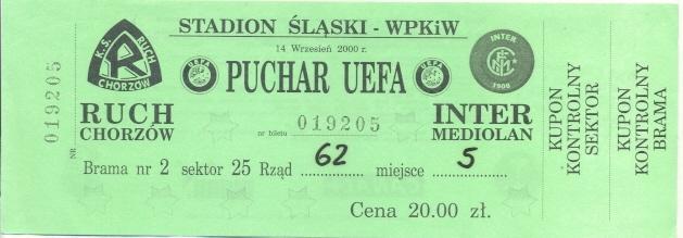 билет Ruch Chorzow Poland/Польша-FC Internazionale Italy/Итал.2000b match ticket