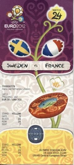 билет ЧЕ Евро-2012 Швеция-Франция /Euro 2012 Sweden-France football match ticket