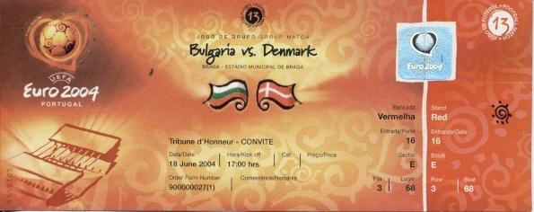 билет ЧЕ Евро-2004 Болгария-Дания/Euro-04 Bulgaria-Denmark football match ticket