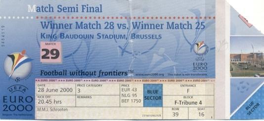билет ЧЕ Евро-2000 сб.Франция-Португалия /Euro 2000 France-Portugal match ticket