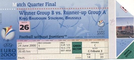 билет Евро-2000 сб.Италия-Румыния /Euro 2000 Italy-Romania football match ticket