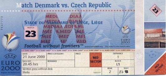 билет ЧЕ Евро-2000 сб.Дания-Чехия /Euro 2000 Denmark-Czech football match ticket