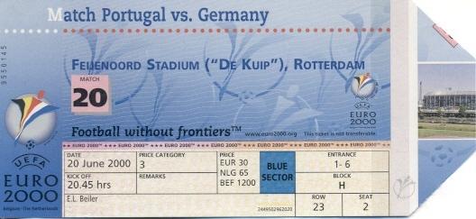 билет ЧЕ Евро-2000 сб.Португалия-Германия /Euro-00 Portugal-Germany match ticket