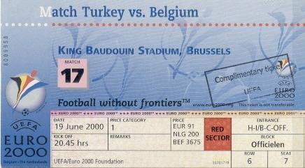 билет ЧЕ Евро-2000 сб. Турция-Бельгия / Euro 2000 Turkey-Belgium match ticket