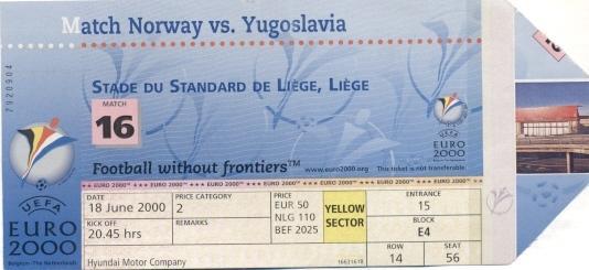 билет ЧЕ Евро-2000 сб. Норвегия-Югославия / Euro Norway-Yugoslavia match ticket