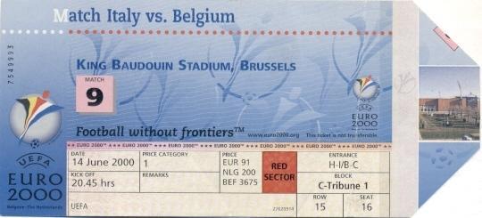 билет ЧЕ Евро-2000 сб. Италия-Бельгия / Euro Italy-Belgium football match ticket