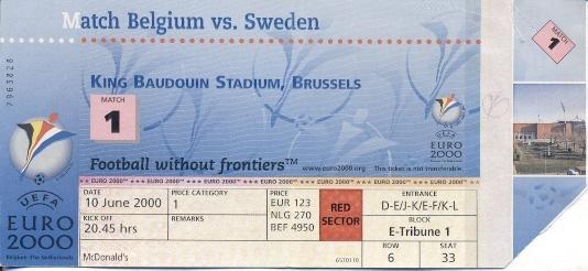 билет ЧЕ Евро-2000 сб. Бельгия-Швеция /Euro Belgium-Sweden football match ticket