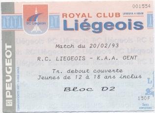 билет Бельгия Belgium League 1993 Льеж/RC Liegeois-Гент/AA Gent match ticket