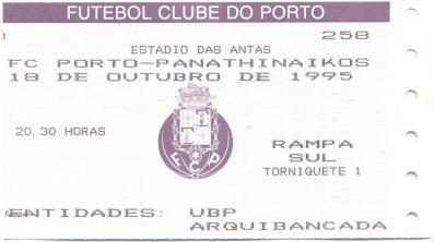 билет Porto FC,Portugal/Португалия- Panathinaikos, Greece/Грец.1995 match ticket