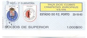 билет Porto FC,Portugal/Португал- Feyenoord, Netherlands/Голл. 1993 match ticket