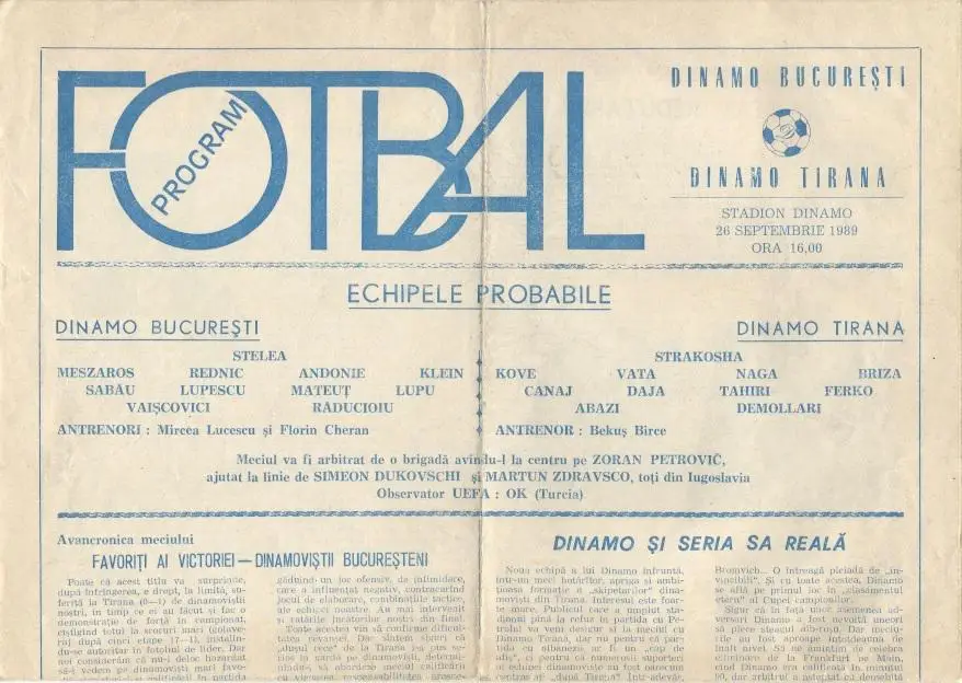 прог.Dinamo Bucharest,Romania/Румын-Din. Tirana,Albania/Албан.1989 match program