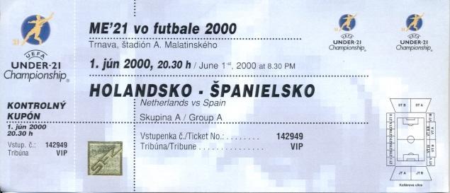 билет сб.Испания-Голл.Евро-2000 молодеж./Spain-Netherlands Euro U21 match ticket