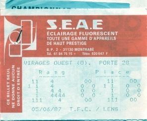 билет Франция Championnat de France Toulouse FC-RC Lens 1987 billet match ticket