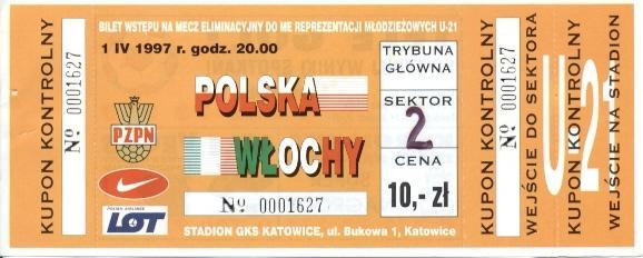 билет сб. Польша-Италия 1997 молодежные / Poland-Italy U21 football match ticket