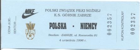 билет сб.Польша-Германия 1996c МТМ/Poland-Germany friendly football match ticket