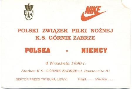 билет сб.Польша-Германия 1996d МТМ/Poland-Germany friendly football match ticket