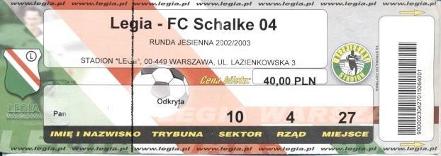 билет Legia Warszawa Poland/Польша-FC Schalke 04,Germany/Герм.2002a match ticket