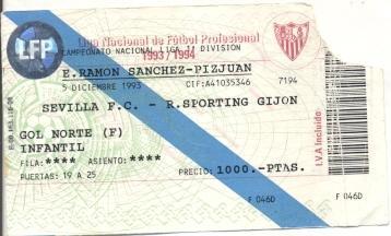 билет Испания Campeonato Espana Sevilla-Sporting Gijon 1993 entrada match ticket