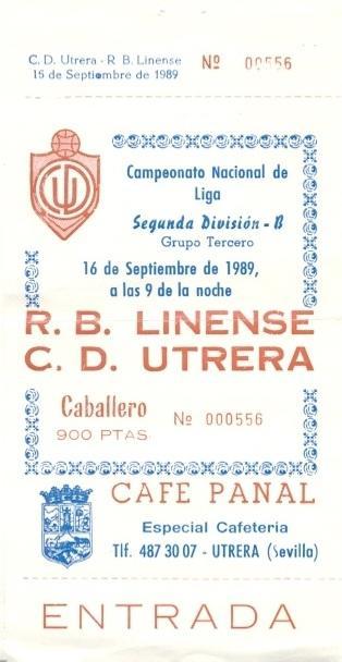 билет Испания Campeonato Espana CD Utrera-RB Linense 1989 entrada match ticket