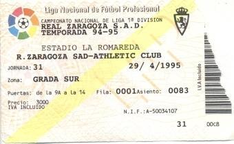 билет Испан.Campeonato Espana Zaragoza-Athletic Bilbao 1995 entrada match ticket