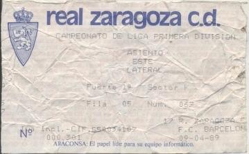 билет Испания Campeonato Espana Zaragoza-FC Barcelona 1989 entrada match ticket