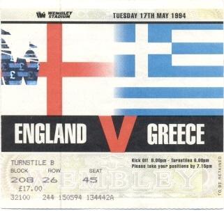 билет сб. Англия-Греция 1994 МТМ / England-Greece friendly football match ticket
