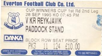 билет Everton FC,England/Англия-KR Reykjavik,Iceland/Исландия 1995 match ticket