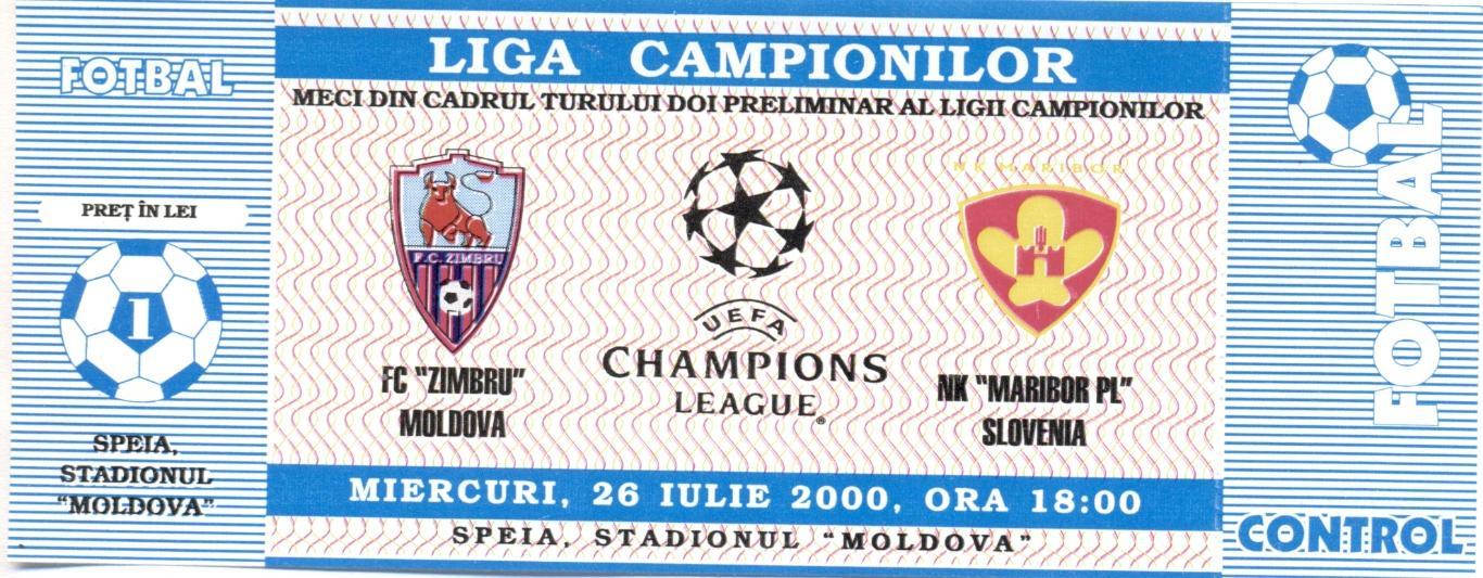 билет Зимбру/Zimbru Mold./Молд.-Марибор/Maribor Sloven/Словен.2000a match ticket