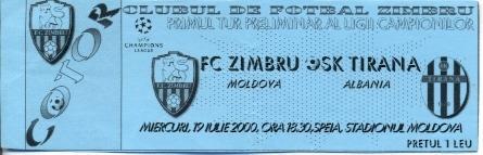 билет Зимбру/Zimbru Mold./Молд-Тирана/SK Tirana Albania/Албан.2000a match ticket