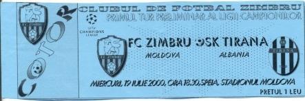 билет Зимбру/Zimbru Mold./Молд-Тирана/SK Tirana Albania/Албан.2000b match ticket