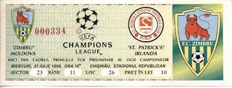 билет Зимбру/Zimbru Mold/Молд- Патрик/St.Patrick's Ireland/Ирл.1999 match ticket