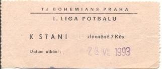 билет Чехия Ceskoslovensko Fotbal Bohemians Praha-? 1993 vstupenka match ticket