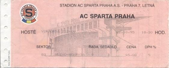 билет Чехия Cesko Mistrovstvi Sparta Praha-V.Zizkov 1995 vstupenka match ticket
