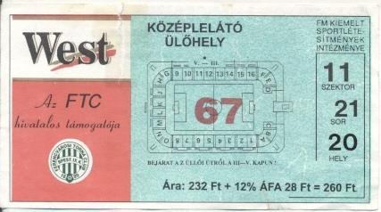 билет Венгрия Magyarorszag Bajnoksag Ferencvaros-ZTE 1994-95 jegy match ticket