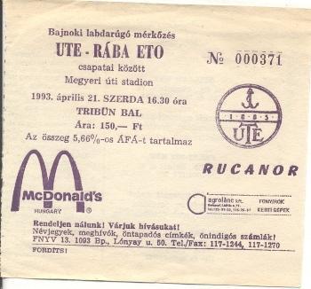 билет Венгрия Magyarorszag Bajnoksag Ujpesti TE-Raba ETO 1993 jegy match ticket