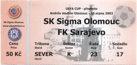 билет Сигма/Sigma Czech/Чехия-Сараево/FK Sarajevo Bosnia/Босн. 2002 match ticket