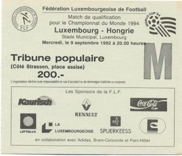 билет сб.Люксембург-Венгрия 1992a отб.ЧМ-1994 / Luxembourg-Hungary match ticket