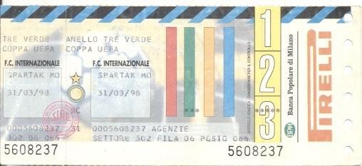 билет Интер/FC Inter Italy/Италия-Спартак/Spartak Russia 1998 весна match ticket