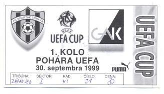 білет Spartak Trnava Slovakia/Словач-Grazer AK Austria/Австрія 1999 match ticket