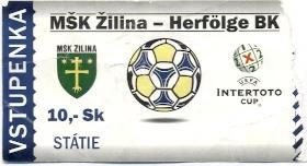 білет MSK Zilina Slovakia/Словаччина-Herfolge BK Denmark/Данія 1999 match ticket